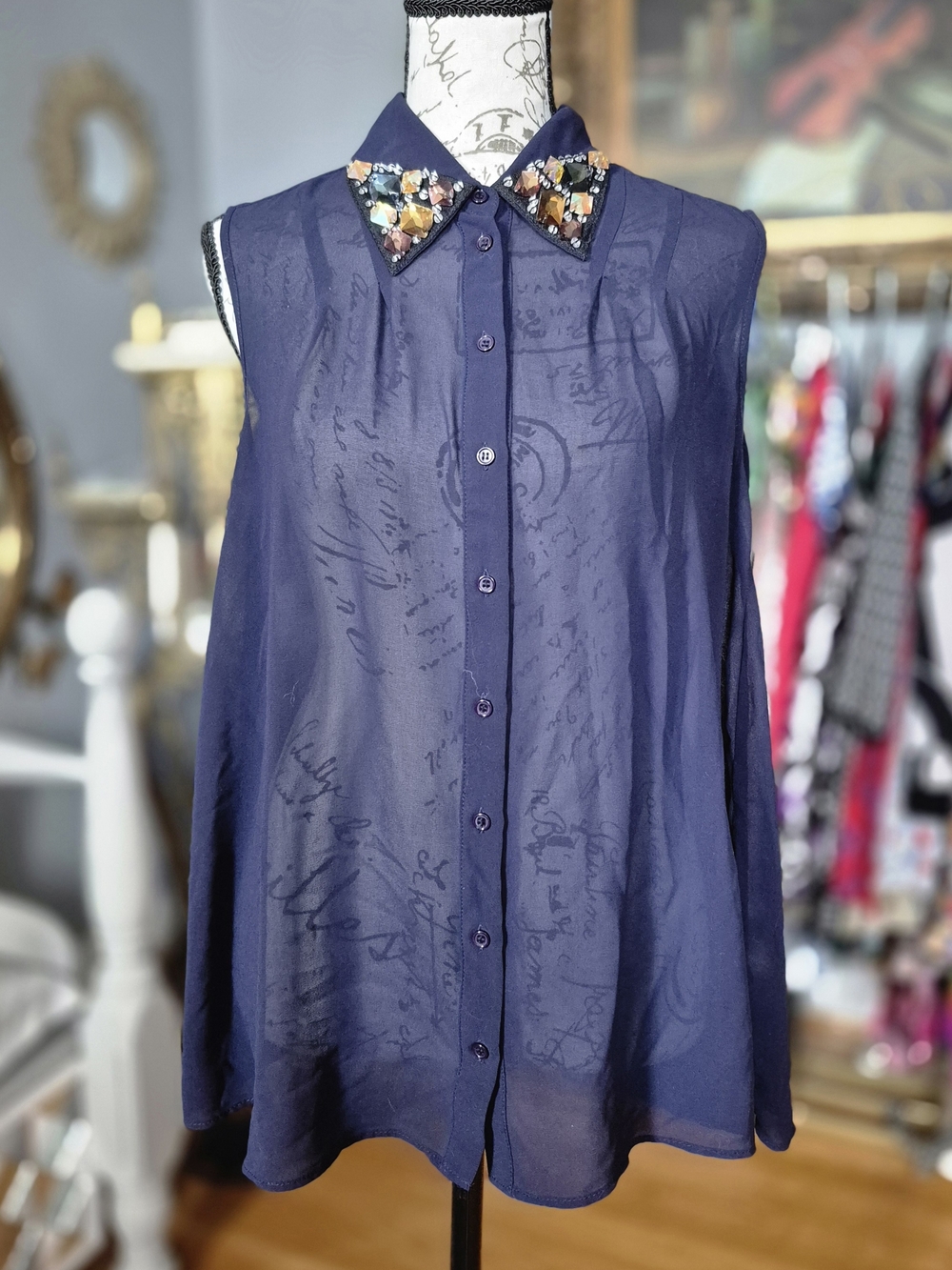 Sheer Navy Sleeveless Button-Down Blouse with Jeweled Collar Medium
